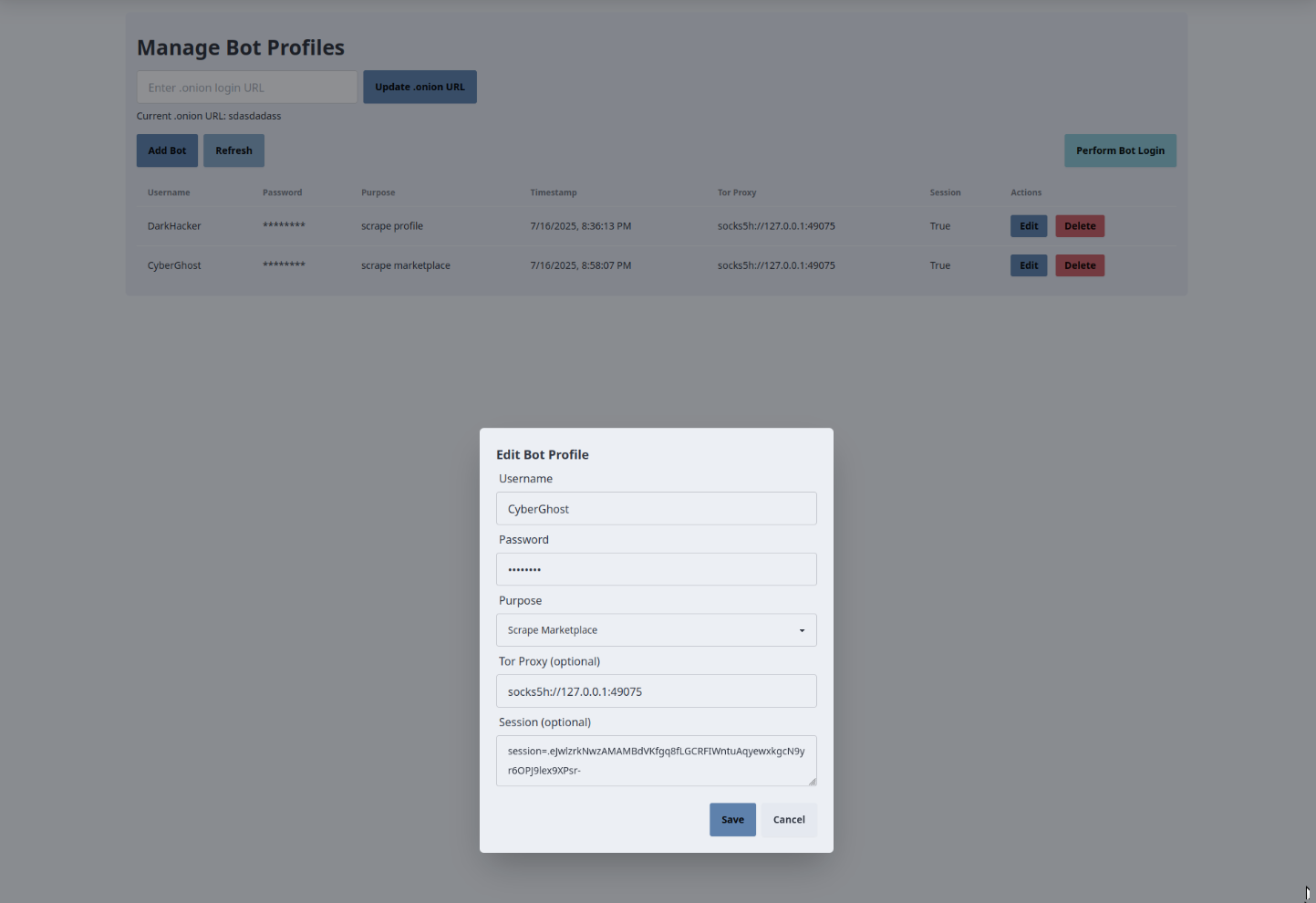 UI zum Verwalten von Bot-Profilen